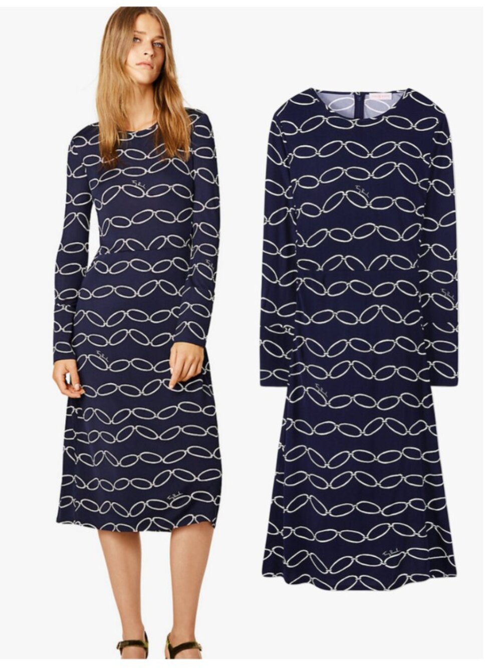 TORY BURCH logo chain print Giovanna midi dress sz L